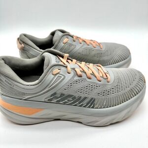 Hoka One Bondi 7 Womens Grey Peach Mesh Road Running Sneakers Shoes 8.5